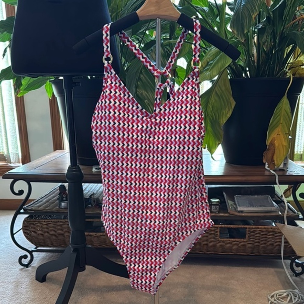 Kona Sol Red and Pink One Piece Swimsuit with Geometric Pattern